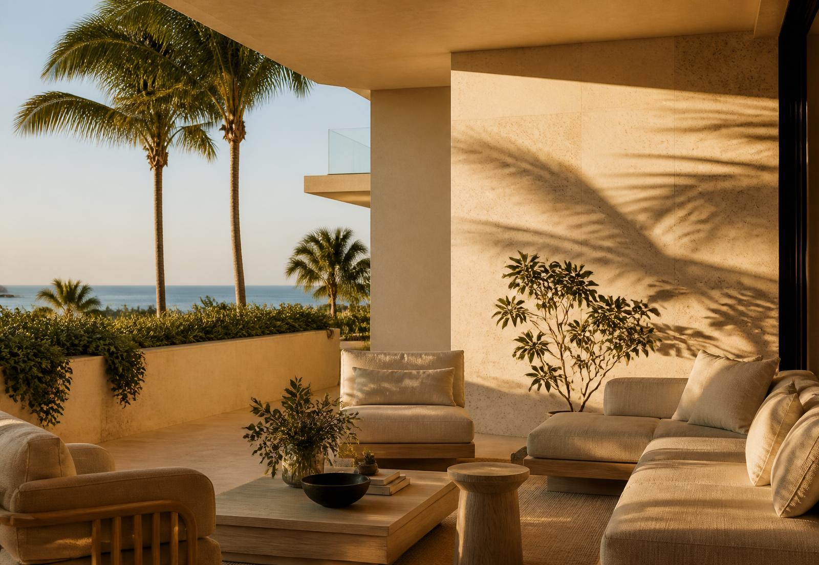 Sunlit terrace of a premium Miami residence at golden hour